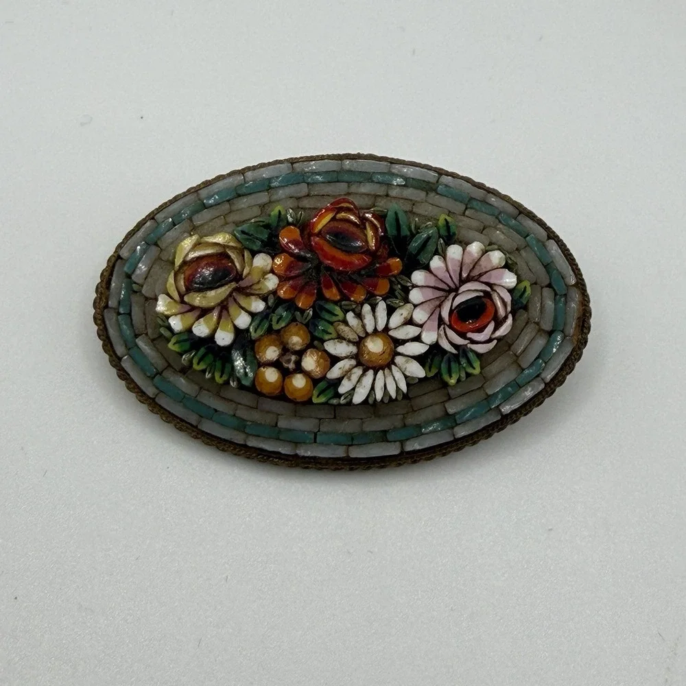 Antique Victorian Brooch Pin Micro Mosaic Inlay Glass Tile Flower Garden Italy